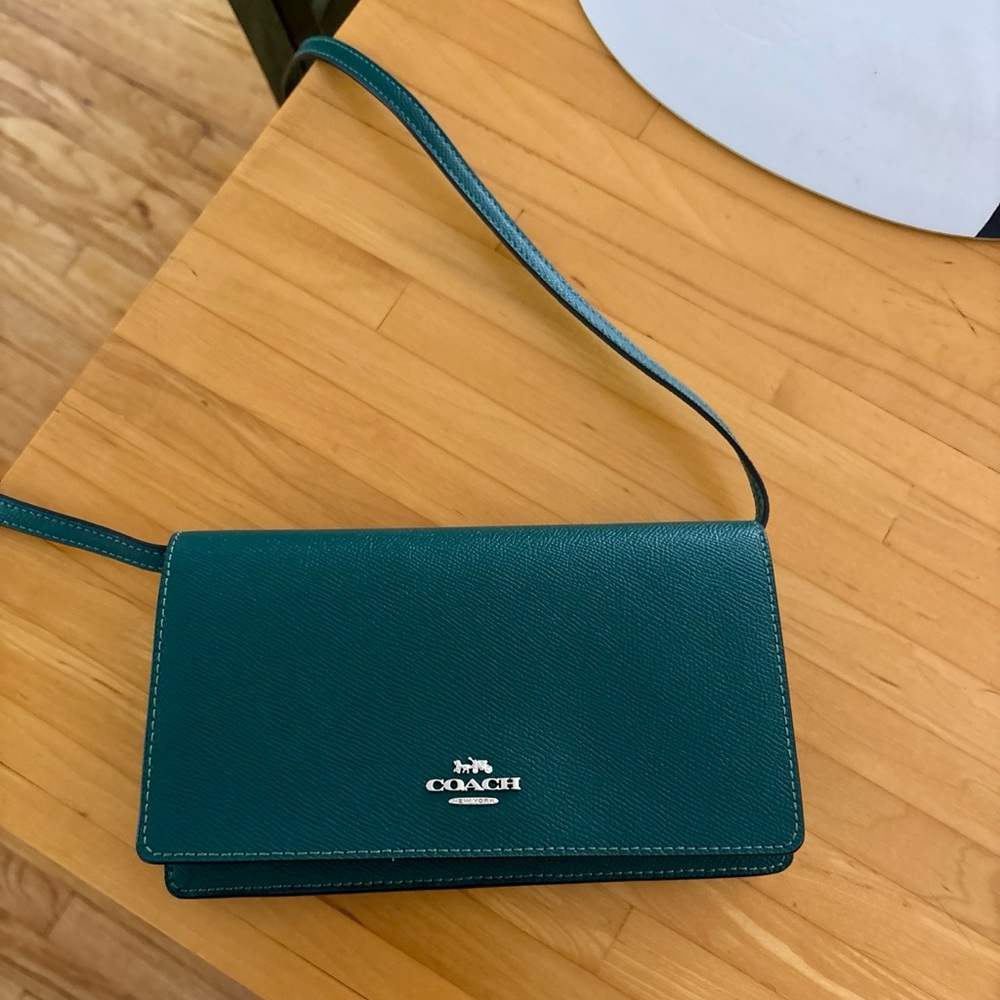 COACH Anna Foldover Clutch Crossbody Bag Emerald Green Silver Hardware New